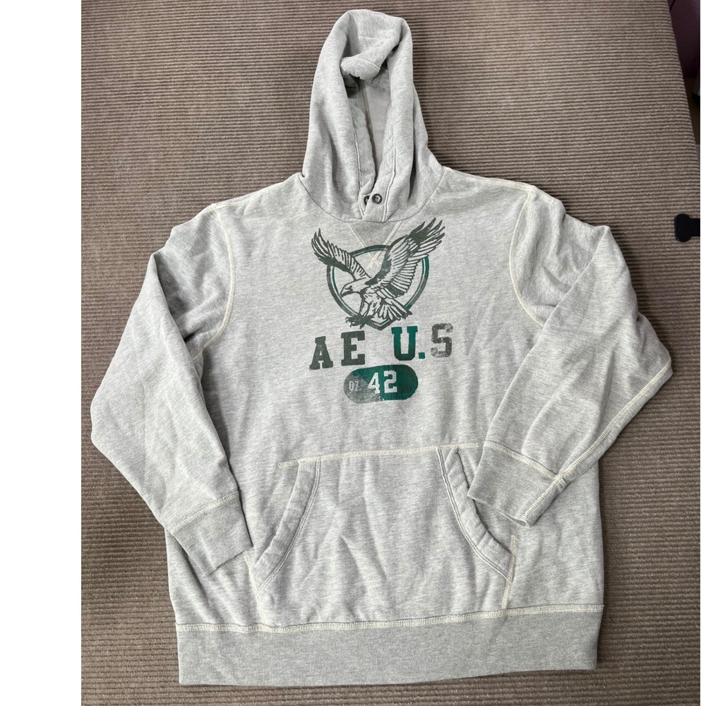 American Eagle‎ Mens XXL Gray Eagle Graphic Pullover Hoodie Vintage Fit